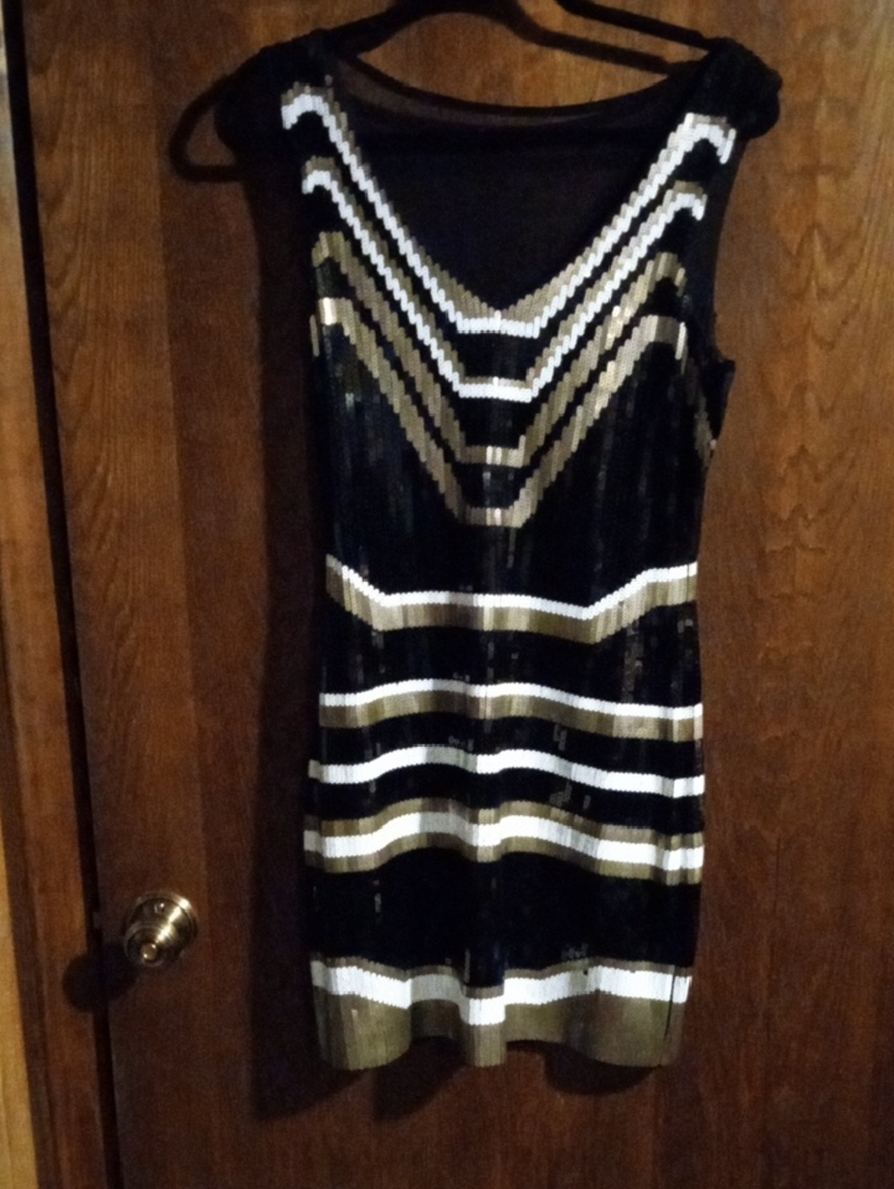 Express Black Sequin Mini Dress with Gold and White Stripes